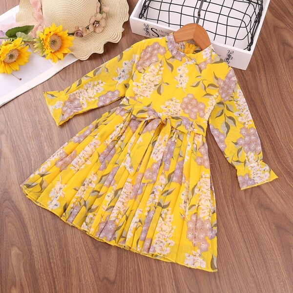 

Toddler Girls Flower Print Belted Pleated Hem Dress, Yellow