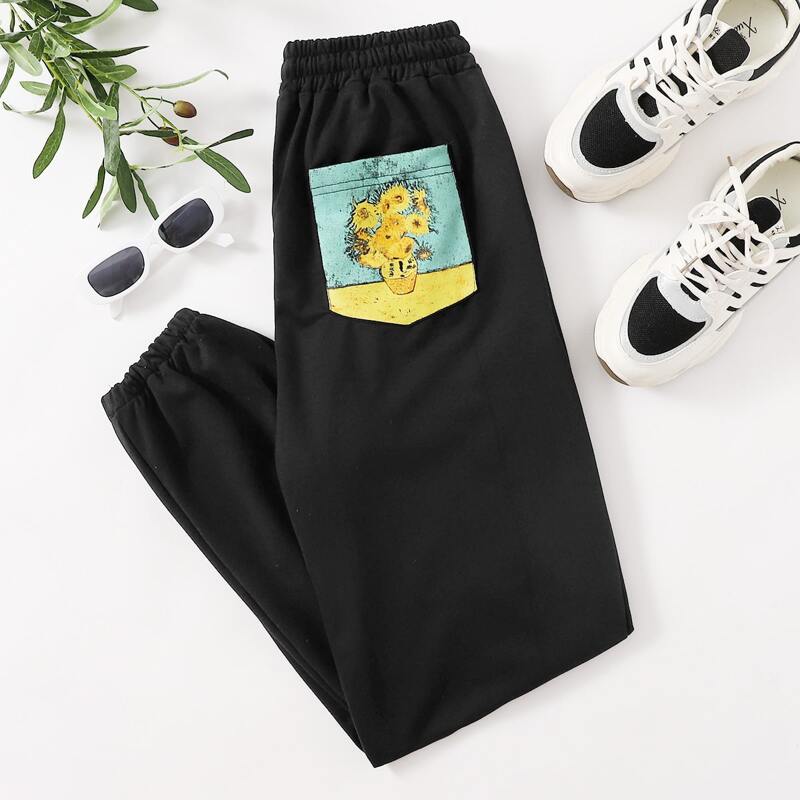 Sunflower Pattern Joggers, Black
