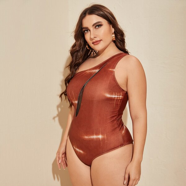 

Plus Contrast Fishnet One Shoulder One Piece Swimsuit, Coffee brown