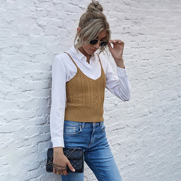 

Cable Knit Fitted Knit Top, Khaki