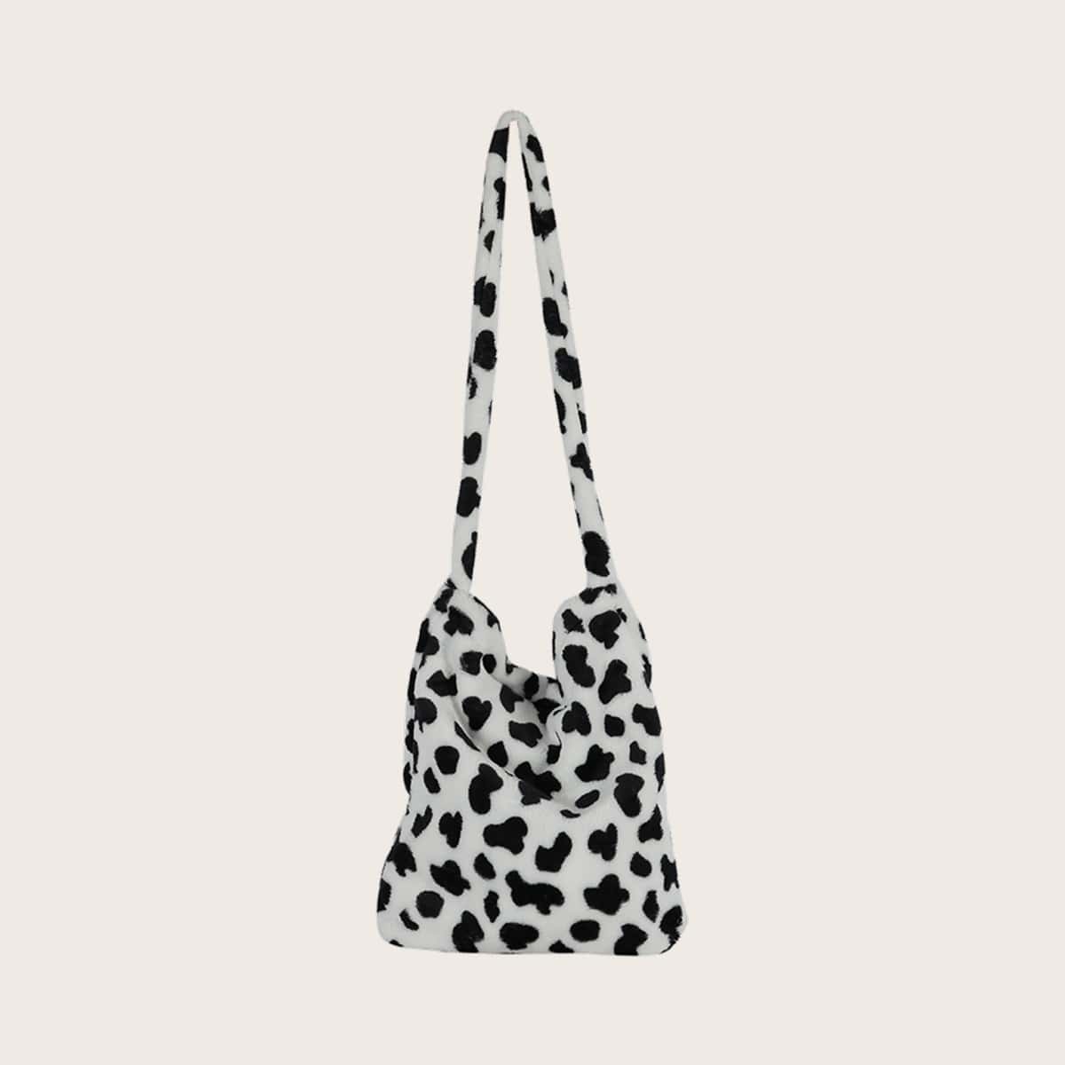 

Cow Print Fluffy Crossbody Bag, Black and white
