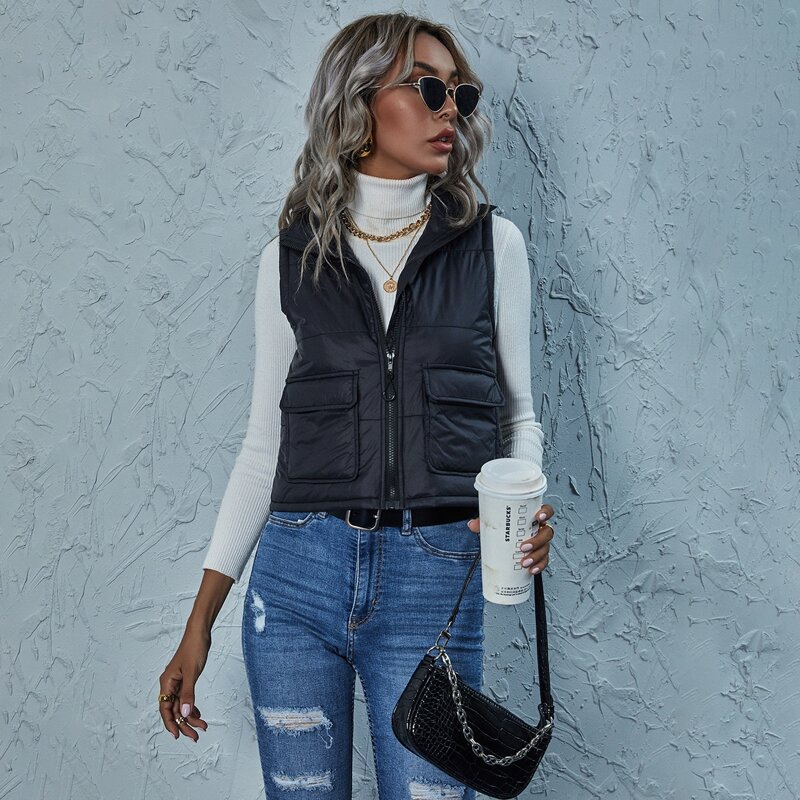 

Flap Pocket Zip Up Padded Vest, Black