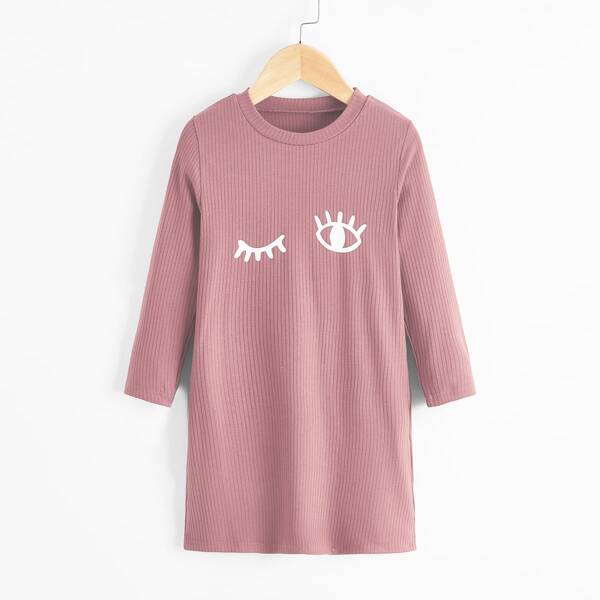 

Toddler Girls Eyes Print Ribbed Tee Dress, Dusty pink
