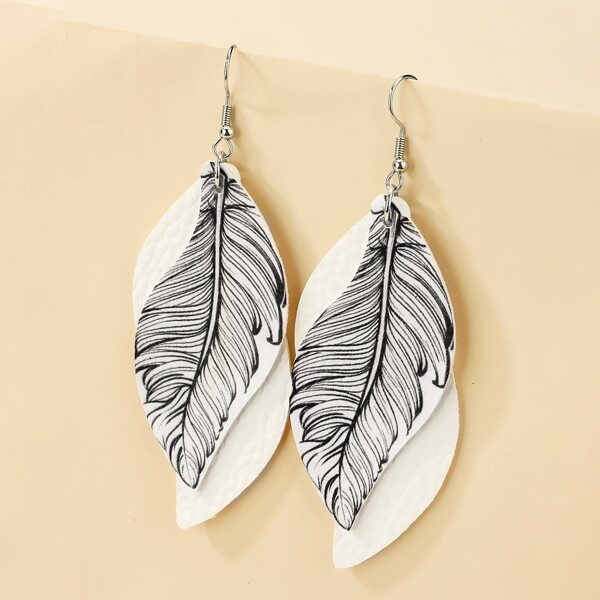 

Feather Pattern Drop Earrings, Black and white