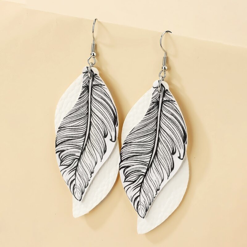 

Feather Pattern Drop Earrings, Black and white