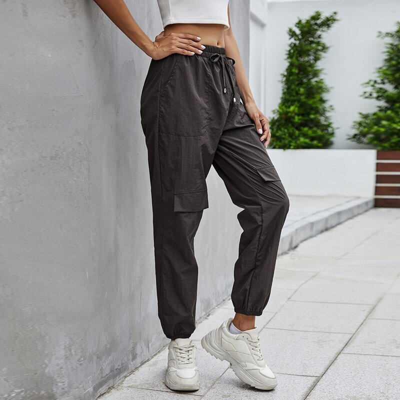 

Solid Pocket Patched Knot Front Pants, Dark grey