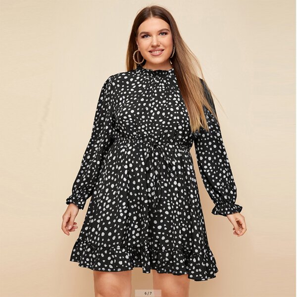 

Plus Ruffle Neck Knot Front Allover Print Dress, Black