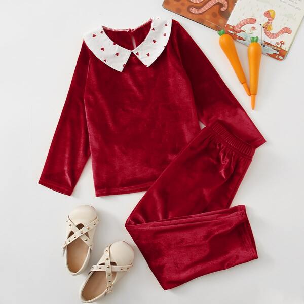 

Toddler Girl Heart Print Peter Pan Collar Velvet Tee & Pants Set, Burgundy