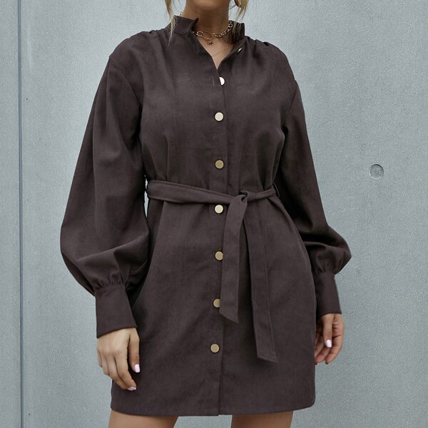 

Button Up Bishop Sleeve Belted Shirt Dress, Chocolate brown