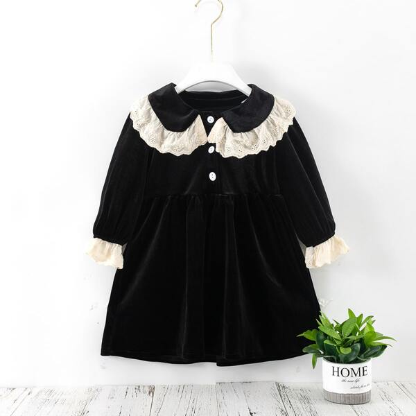 

Toddler Girls Eyelet Embroidery Velvet Smock Dress, Black