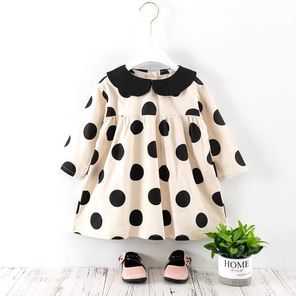 

Toddler Girls Polka Dot Peter Pan Collar Smock Dress, Beige
