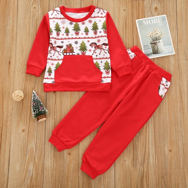 

Toddler Girls Christmas Print Kangaroo Pocket Sweatshirt & Sweatpants Set, Red