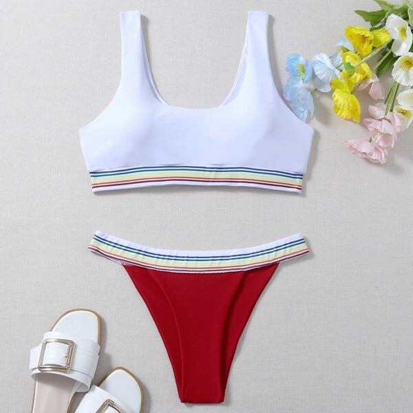 

Striped Trim Thong Bikini Swimsuit, Red and white