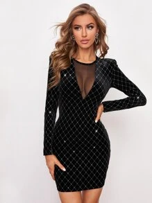 SHEIN Belle Mesh Insert Plaid Glitter Velvet Dress - Black - View 1