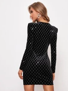 SHEIN Belle Mesh Insert Plaid Glitter Velvet Dress - Black - View 2