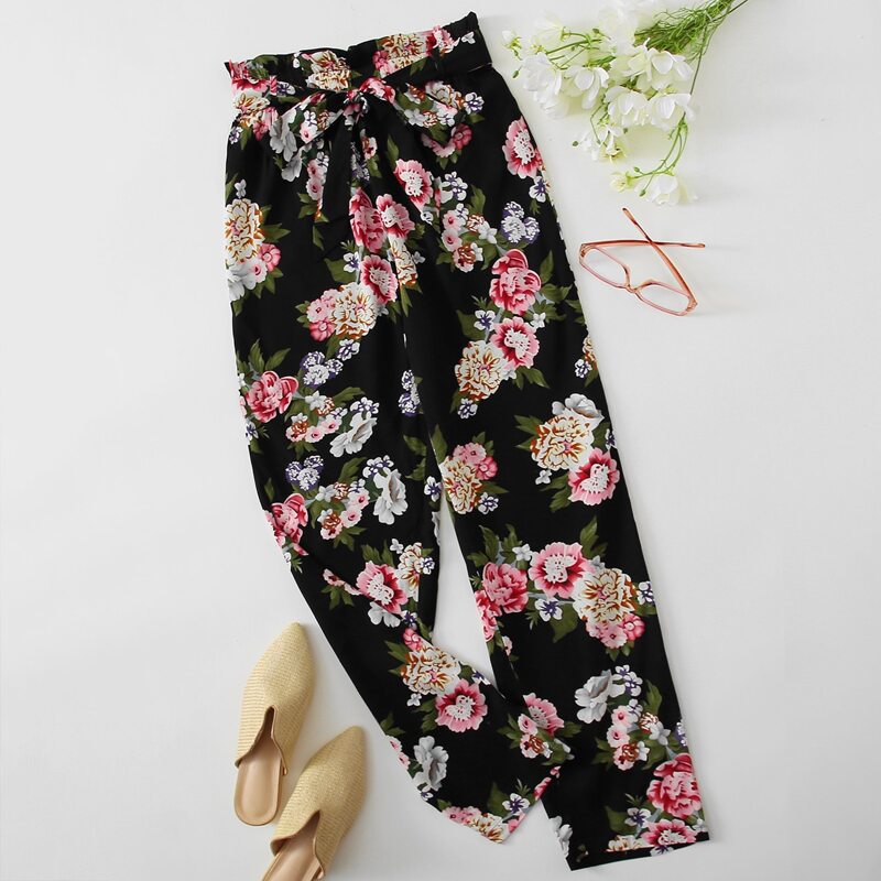 

Paperbag Waist Self Tie Floral Pants, Multicolor