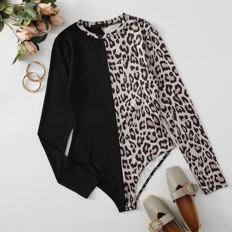 

Colorblock Leopard Print Spliced Bodysuit, Multicolor
