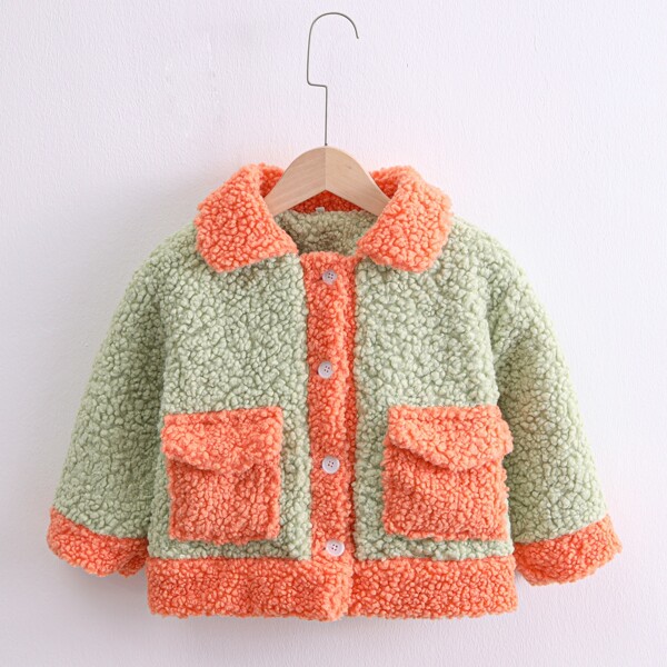 

Girls Contrast Panel Flap Pocket Teddy Coat, Multicolor