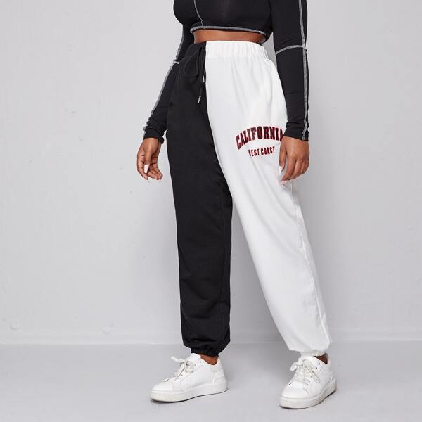 

Plus Letter Graphic Colorblock Drawstring Sweatpants, Black and white