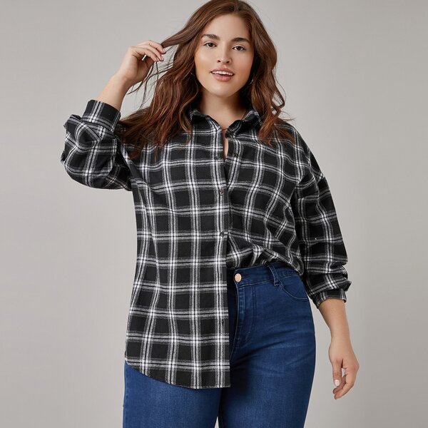 

Plus Tartan Drop Shoulder Button Front Blouse, Black and white