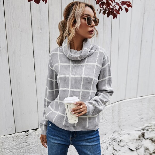 

Cowl Neck Plaid Pattern Sweater, Grey