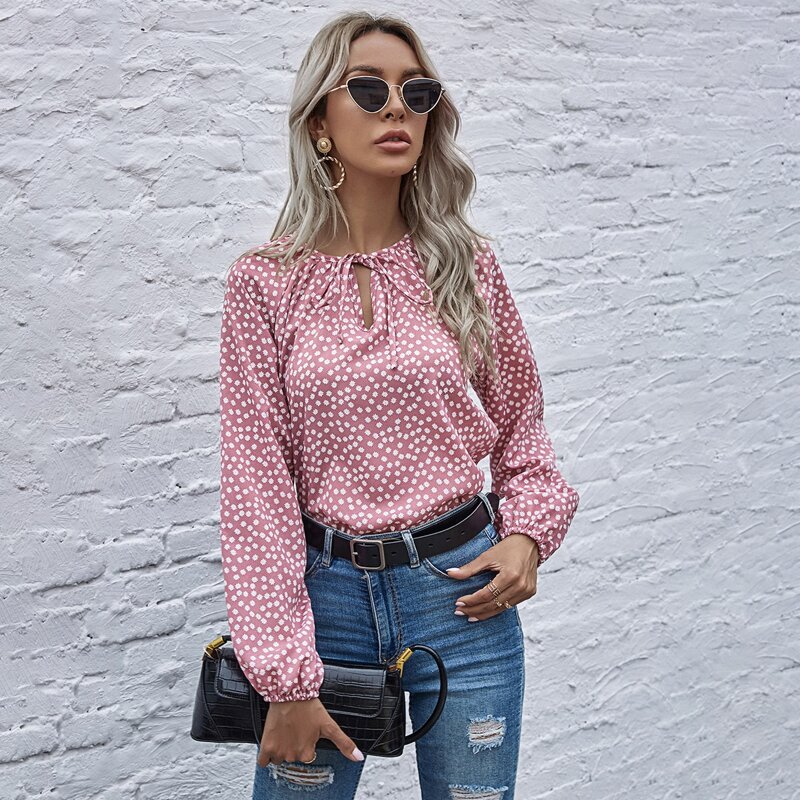 

Ditsy Floral Keyhole Tie Neck Blouse, Dusty pink