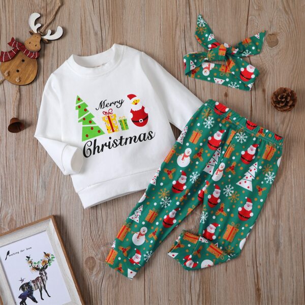 

Baby Girl Christmas And Letter Print Sweatshirt & Sweatpants & Headband, Multicolor