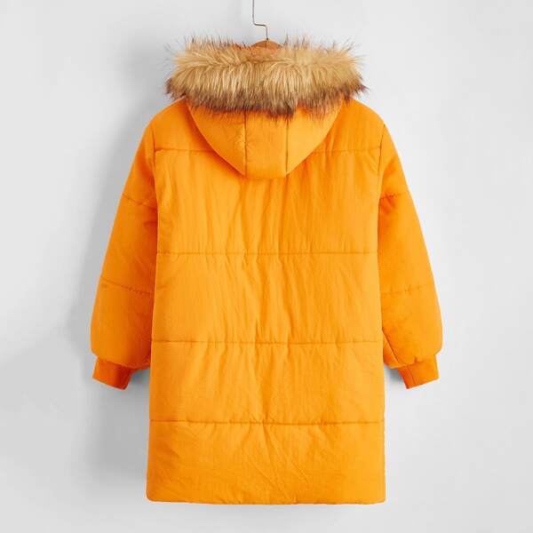 

Girls Fuzzy Hooded Puffer Coat, Orange