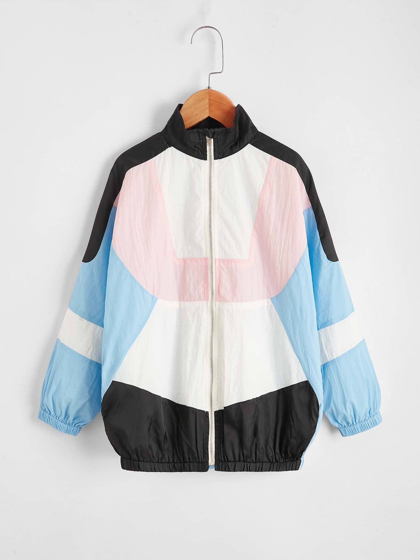 SheIn Womens Plus Colorblock Long Sleeve Graphic Print Zipper Windbreaker Jacket
