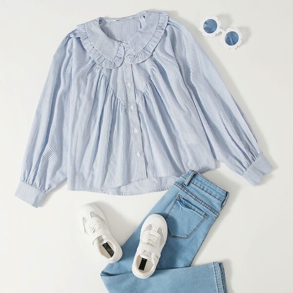 

Girls Striped Button Front Frill Trim Blouse, Blue and white