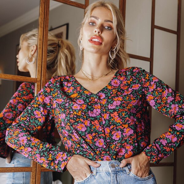 

Floral Print Button Front Blouse, Multicolor