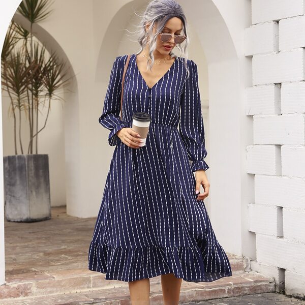 

Striped V-neck Ruffle Hem A-line Dress, Navy blue