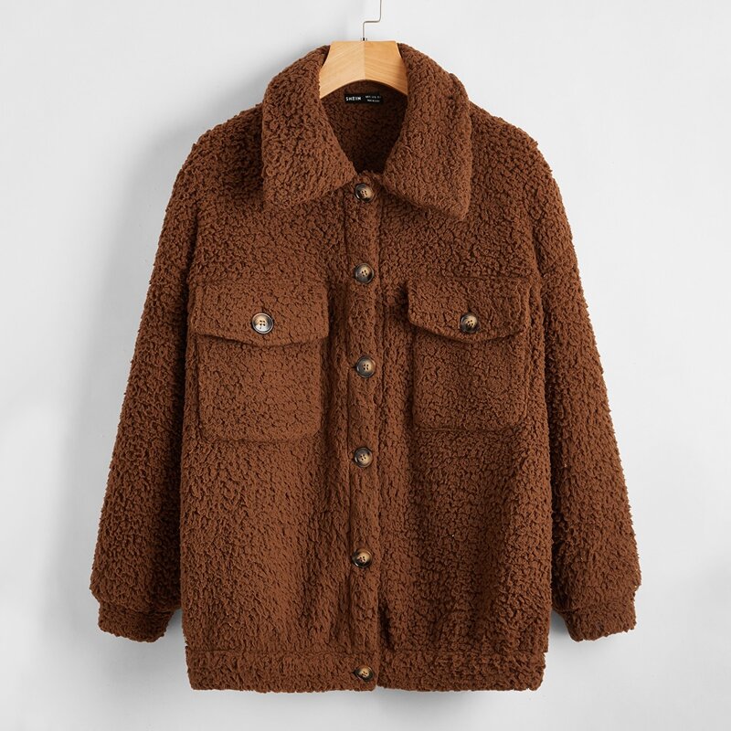 

Collared Single Breasted Pocket Front Teddy Jacket, Coffee brown