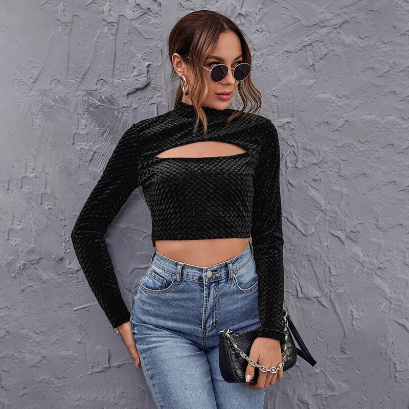 Cut Out Front Velvet Crop Tee, Black