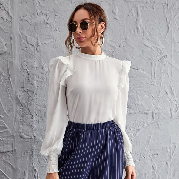 

Shirred Cuff Ruffle Detail Top, White