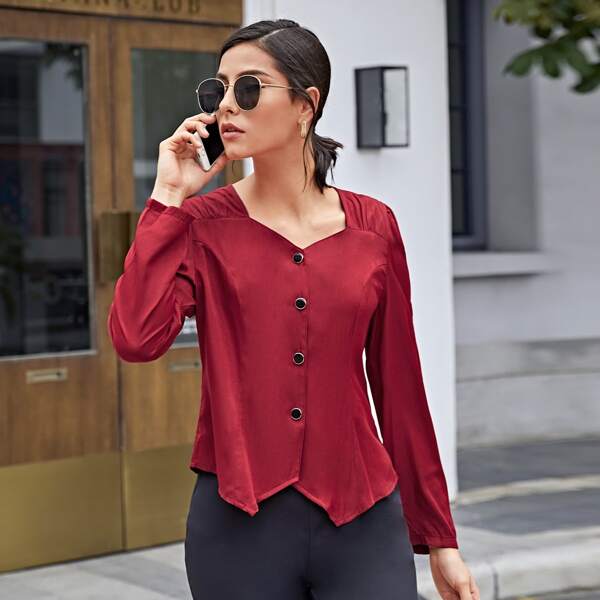 

Solid Button Through Blouse, Burgundy
