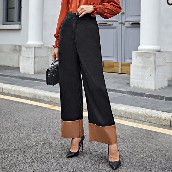 

Contrast Panel Wide Leg Pants, Black