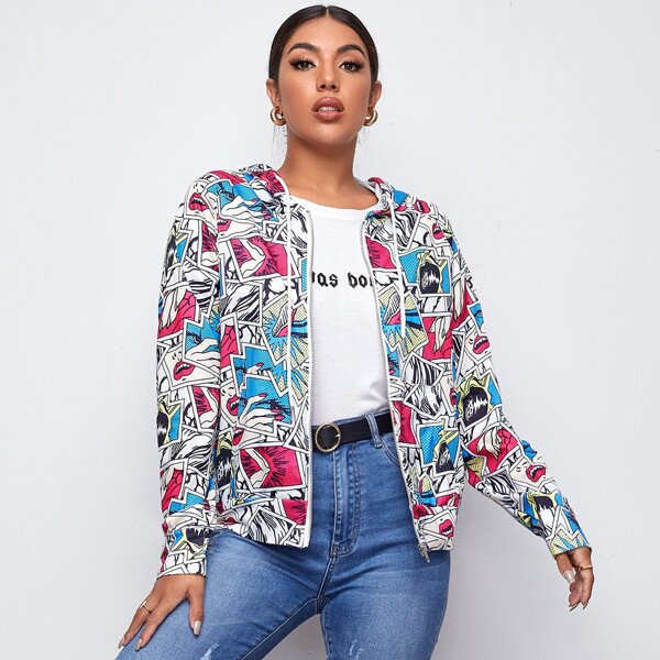 

Pop Art Print Zip Up Drawstring Hoodie, Multicolor