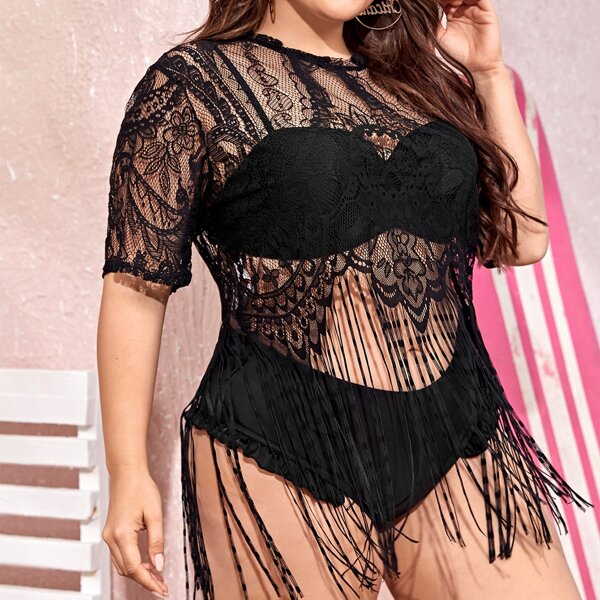 

Plus Floral Lace Fringe Hem Cover Up, Black