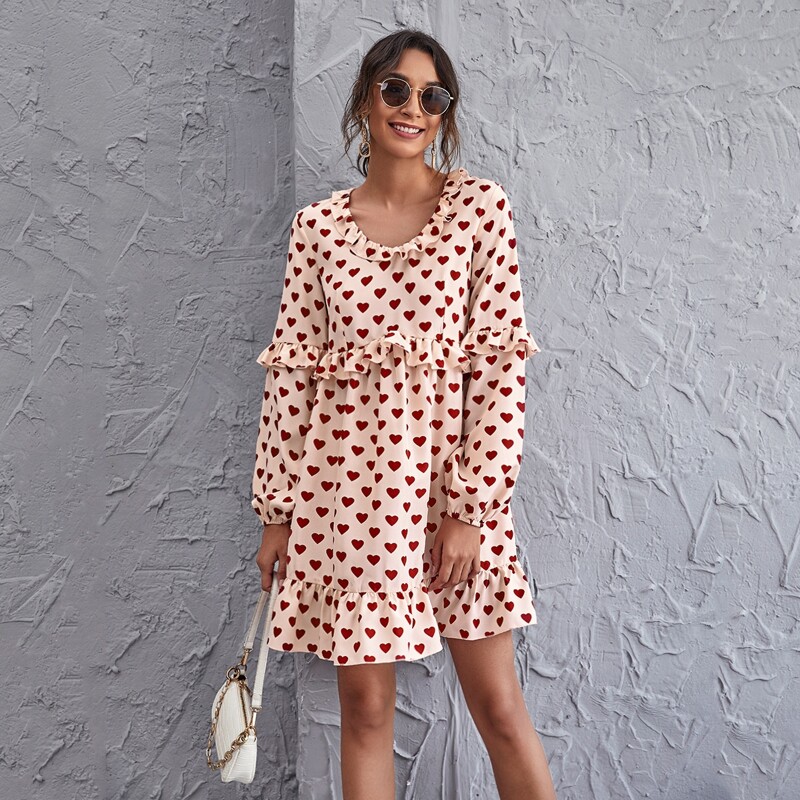 

Ruffle Trim Heart Print Smock Dress, Baby pink