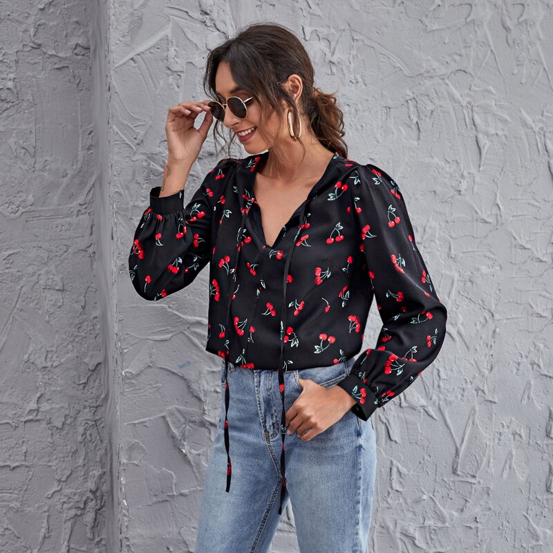 

Tie Neck Cherry Print Top, Black