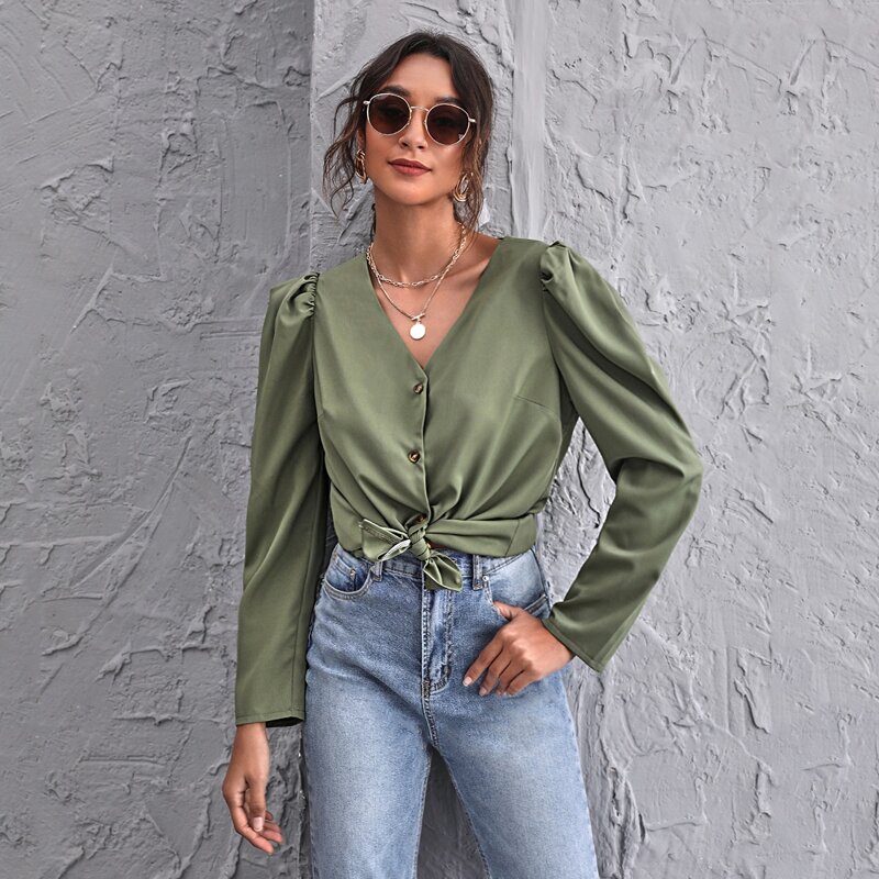 

Button Front Puff Sleeve Blouse, Army green