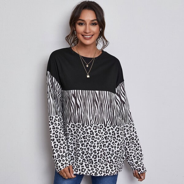 

Leopard Color Block Sweatshirt, Black and white