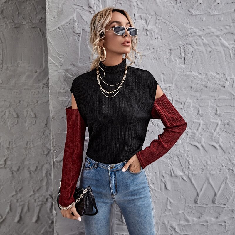

Color Block Cut Out Sleeve Tee, Black