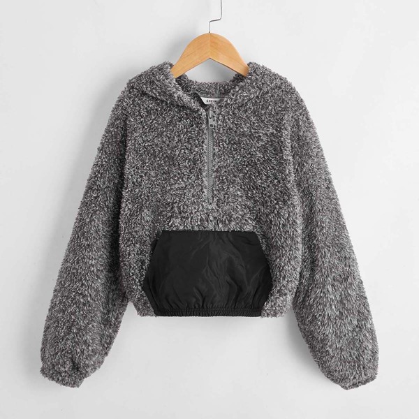 

Girls Pocket Front Zip Half Placket Teddy Hoodie, Dark grey