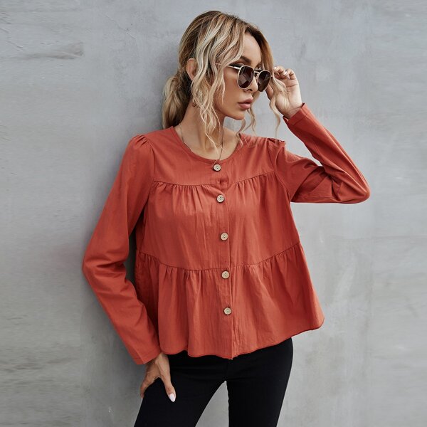 

Puff Sleeve Button Up Babydoll Blouse, Burnt orange