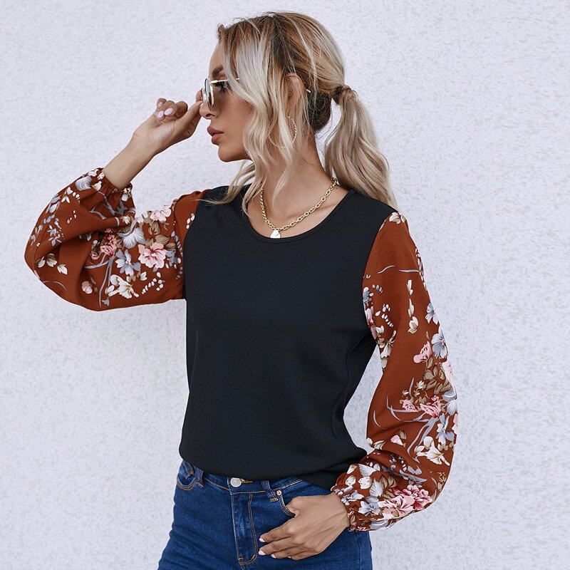 

Contrast Floral Print Sleeve Top, Black