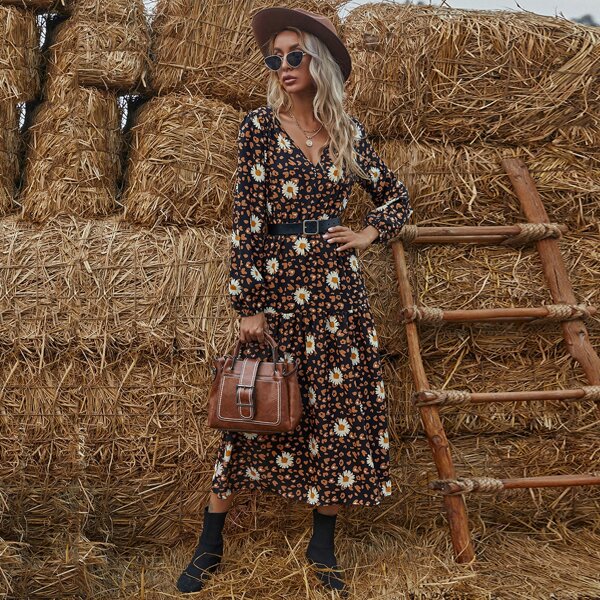 

Bishop Sleeve Allover Print A-line Dress Without Belt, Multicolor