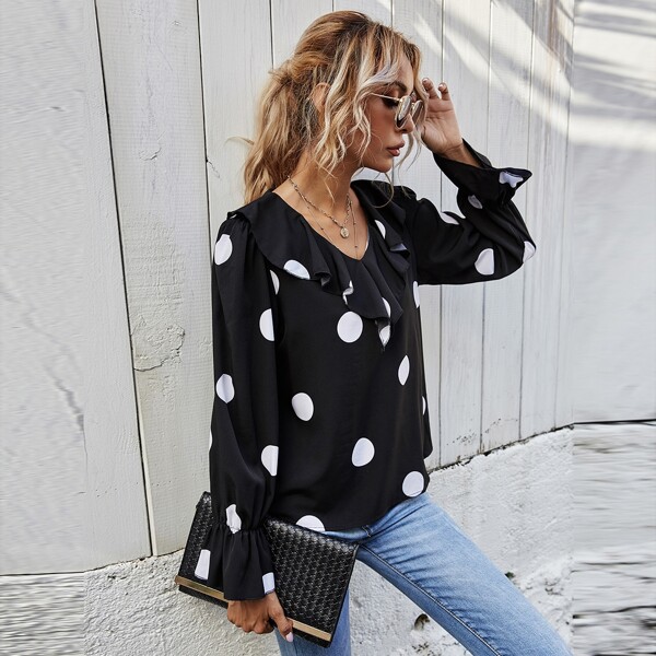 

Polka Dot Ruffle Trim Flounce Sleeve Blouse, Black