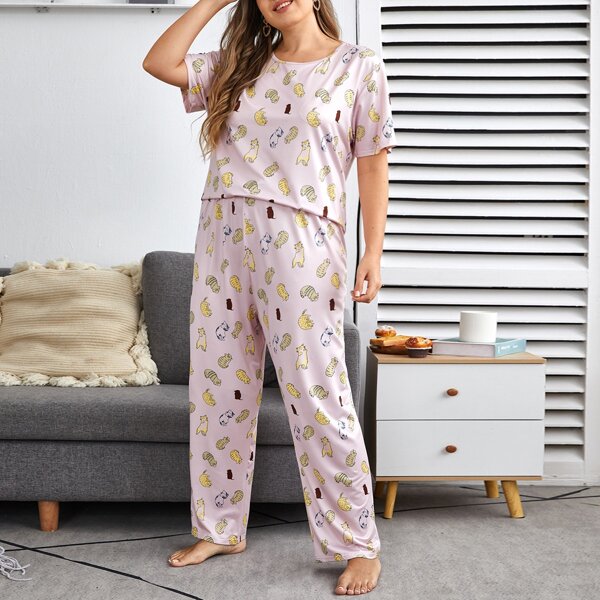 

Plus All Over Cat Print PJ Set, Baby pink